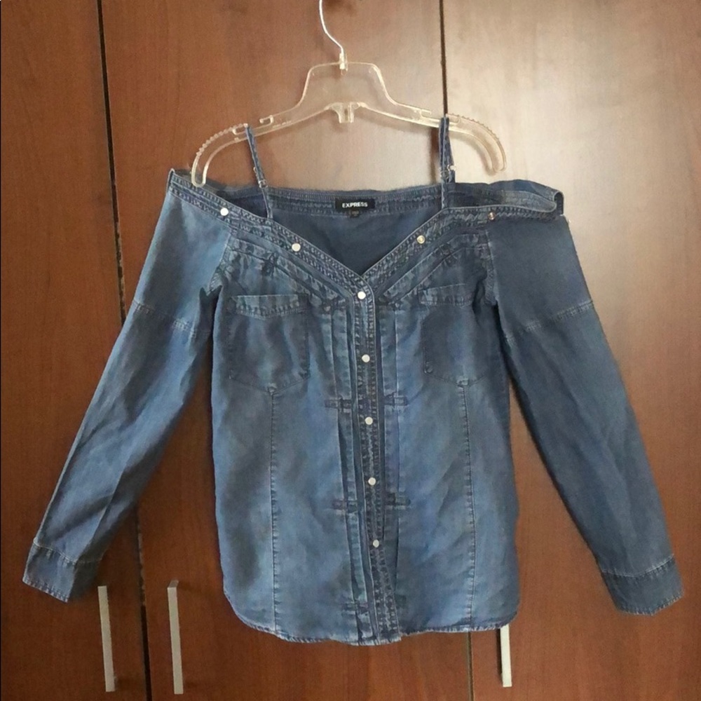 Express Soft Denim Off Shoulder Shirt w/ Straps